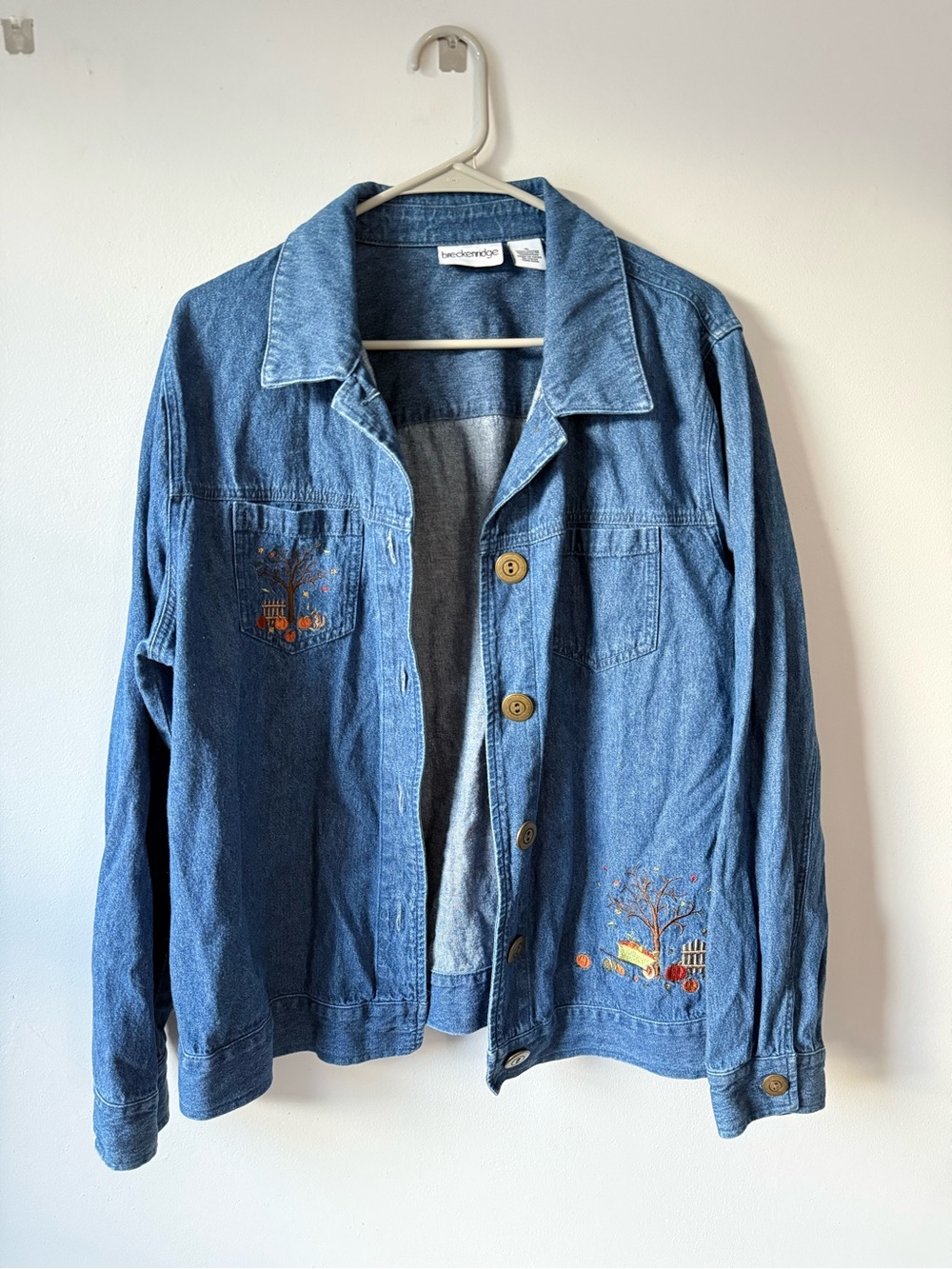 VTG BRECKENRIDGE Fall Autumn Pumpkin Denim Embroidered Button Up Jacket L XL